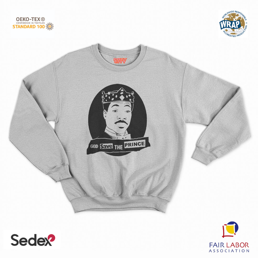 felpa con girocollo unisex- good save the prince zamunda