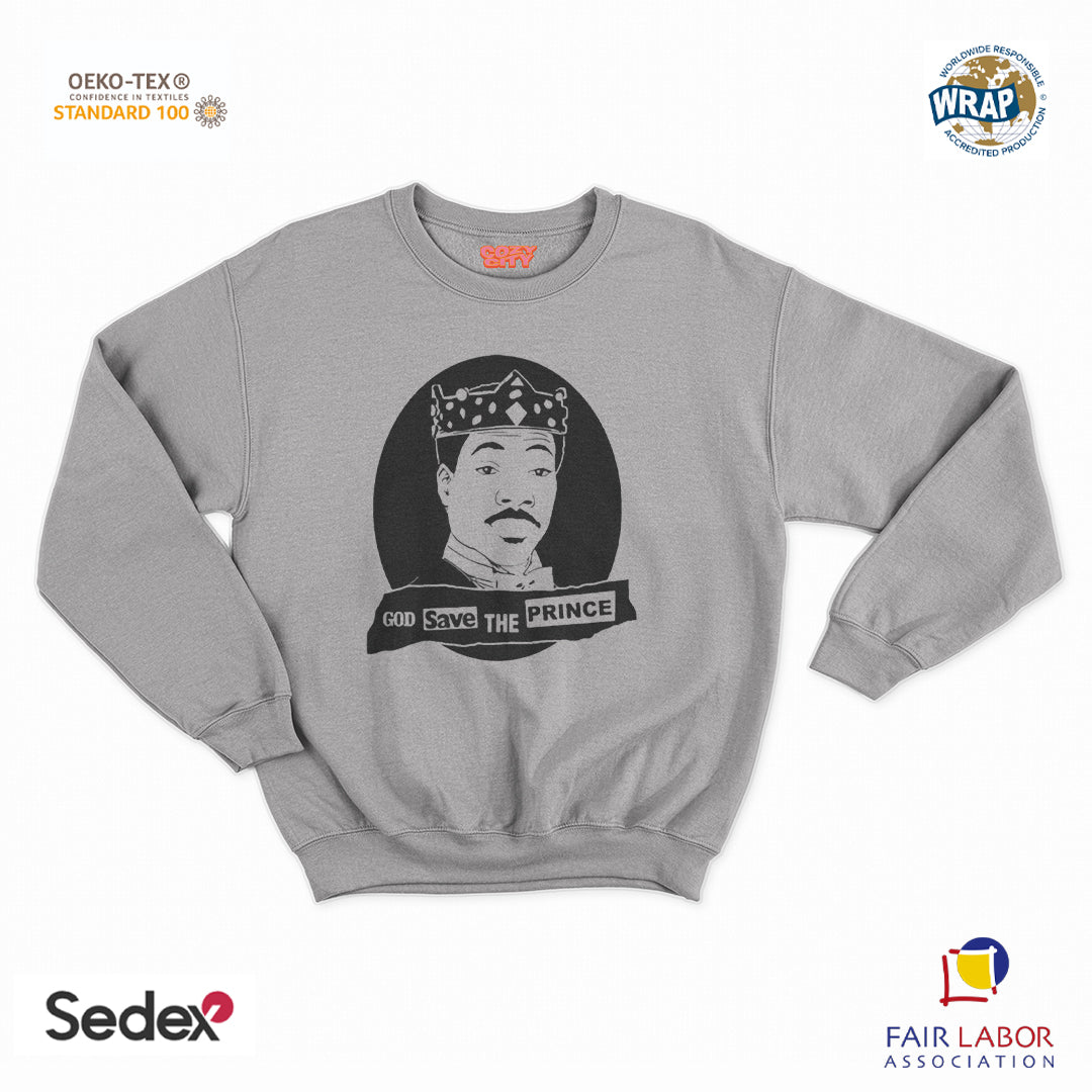 felpa con girocollo unisex- good save the prince zamunda